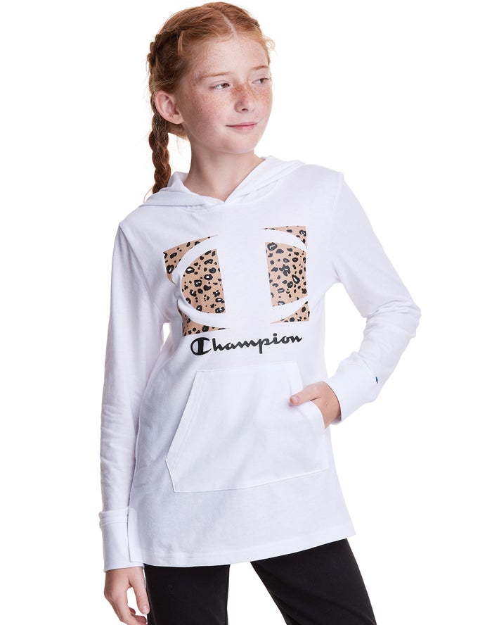 Champion Pige Hættetrøje Hvide - T-Shirt Leopard Knockout Logo - Danmark DFQ-589261